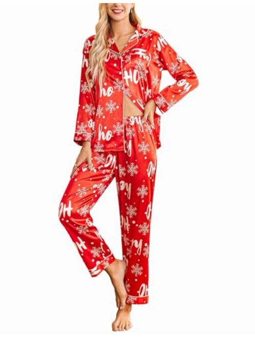 Ekouaer Women's Classic Button Down Long Satin Silk Pajama Set