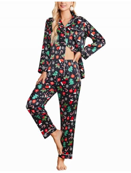 Ekouaer Women's Classic Button Down Long Satin Silk Pajama Set