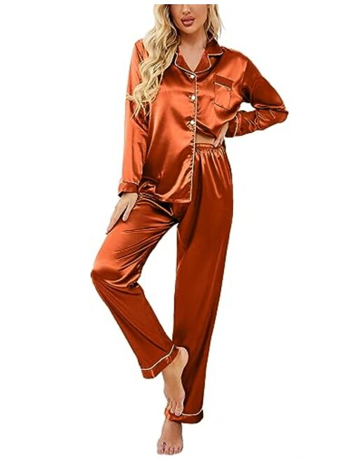 Ekouaer Women's Classic Button Down Long Satin Silk Pajama Set