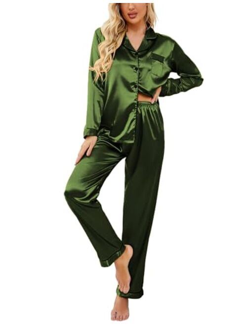 Ekouaer Women's Classic Button Down Long Satin Silk Pajama Set