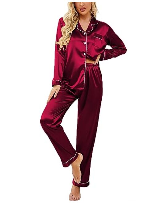 Ekouaer Women's Classic Button Down Long Satin Silk Pajama Set