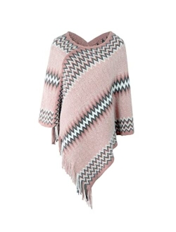 AFOLIRY Women's Soft Knitted Zig Zag Patterned Tassel Batwing Poncho Sweater Pullover Wraps Cape