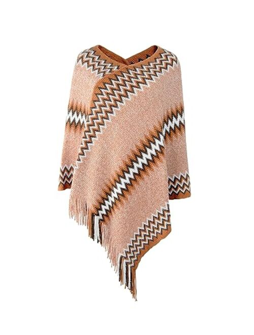 AFOLIRY Women's Soft Knitted Zig Zag Patterned Tassel Batwing Poncho Sweater Pullover Wraps Cape