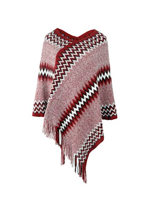 AFOLIRY Women's Soft Knitted Zig Zag Patterned Tassel Batwing Poncho Sweater Pullover Wraps Cape