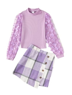 YOURUIKEY Girls Pleated Skirt Set Fall Winter 2 Piece Outfit Lattice Dresses Long Sleeve Top Cute Clothes Outfit for Kid