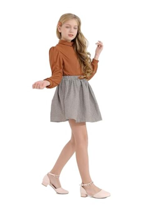 YOURUIKEY Girls Pleated Skirt Set Fall Winter 2 Piece Outfit Lattice Dresses Long Sleeve Top Cute Clothes Outfit for Kid