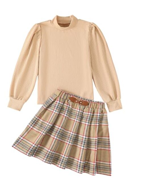 YOURUIKEY Girls Pleated Skirt Set Fall Winter 2 Piece Outfit Lattice Dresses Long Sleeve Top Cute Clothes Outfit for Kid