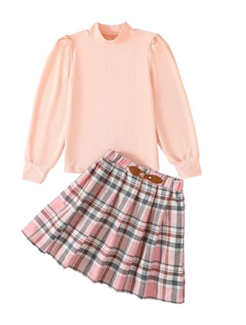 YOURUIKEY Girls Pleated Skirt Set Fall Winter 2 Piece Outfit Lattice Dresses Long Sleeve Top Cute Clothes Outfit for Kid