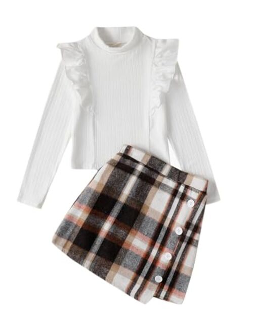 YOURUIKEY Girls Pleated Skirt Set Fall Winter 2 Piece Outfit Lattice Dresses Long Sleeve Top Cute Clothes Outfit for Kid