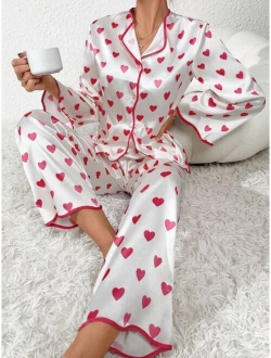 Shein Heart Print Contrast Binding Satin PJ Set