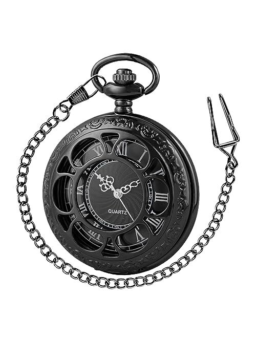 Alwesam Engraved Pattern Design Quartz Pocket Watch Roman/Arabic Numerals for Birthdays Xmas Best Gifts