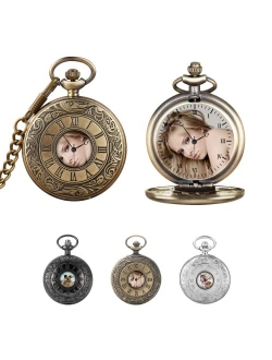 LAIFU Personalized Pocket Watches for Men Women with Photo & Text Custom Engraved Quartz Pocket Watch with Chain