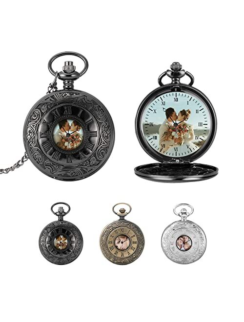 LAIFU Personalized Pocket Watches for Men Women with Photo & Text Custom Engraved Quartz Pocket Watch with Chain