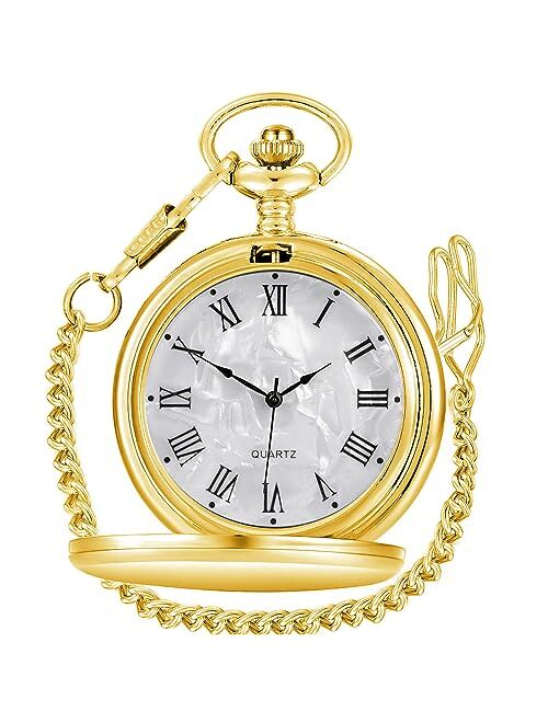 Tiong Smooth Vintage Alloy Pocket Watch with Chain Roman Numerals Scale