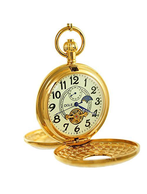 OGLE Vintage Copper Double Cover Tourbillon Phases Moon Chain Fob Self Winding Automatic Mechanical Pocket Watch/Gold Dial