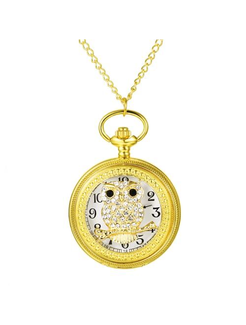 Avaner Women's Pocket Watch Skeleton Owl Pocket Watches Pendant Necklace Rhinestone Watch