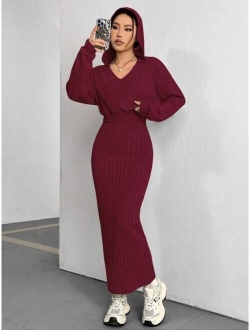 Women's Solid Color Drop Shoulder Top And Skirt Set With Ribbed