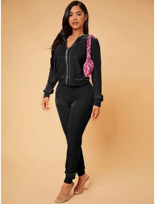 SHEIN SXY Zip Up Drawstring Hooded Velvet Jacket & Sweatpants