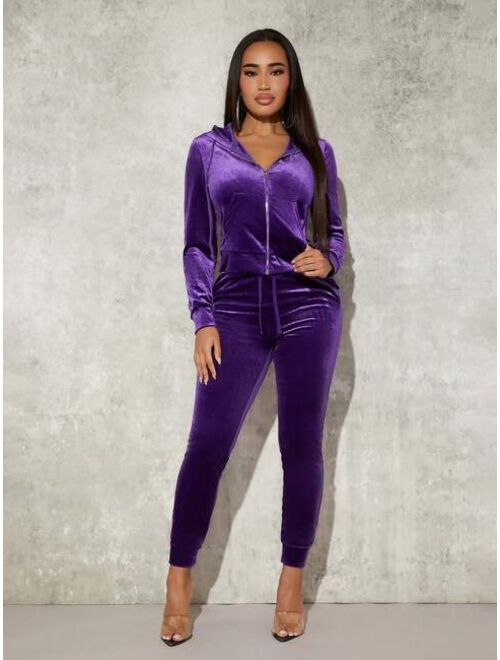 SHEIN SXY Zip Up Drawstring Hooded Velvet Jacket & Sweatpants