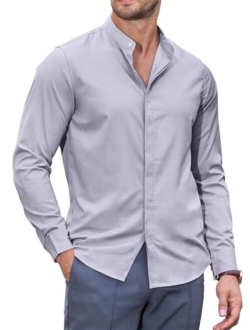 JMIERR Mens Banded Collar Dress Shirts Casual Long Sleeve Mandarin Collar Button Down Shirt