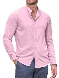 JMIERR Mens Banded Collar Dress Shirts Casual Long Sleeve Mandarin Collar Button Down Shirt