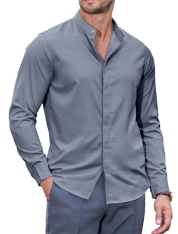 JMIERR Mens Banded Collar Dress Shirts Casual Long Sleeve Mandarin Collar Button Down Shirt