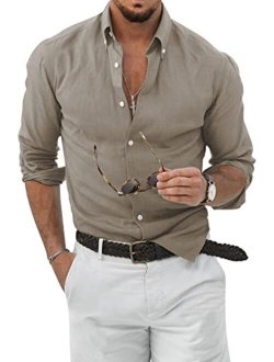 JMIERR Mens Cotton Linen Button Down Shirt Casual Stylish Long Sleeve Business Dress Shirts