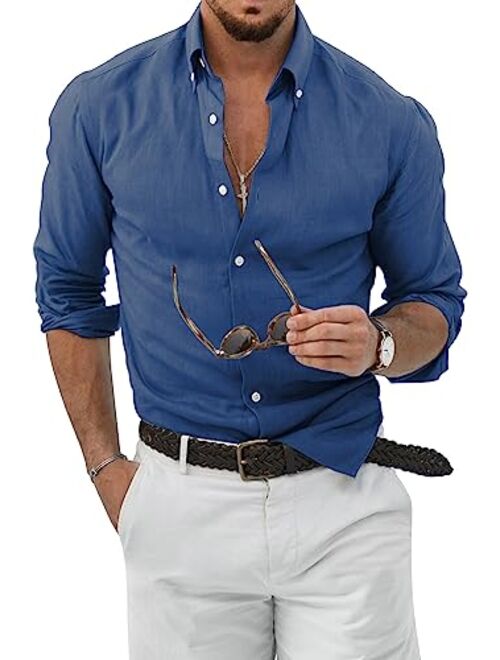 JMIERR Mens Cotton Linen Button Down Shirt Casual Stylish Long Sleeve Business Dress Shirts