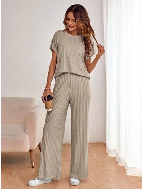 SHEIN LUNE Batwing Sleeve Tee & Wide Leg Pants