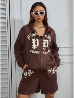 SHEIN Coolane Letter Graphic Zip Up Drop Shoulder Drawstring Thermal Lined Hoodie & Shorts