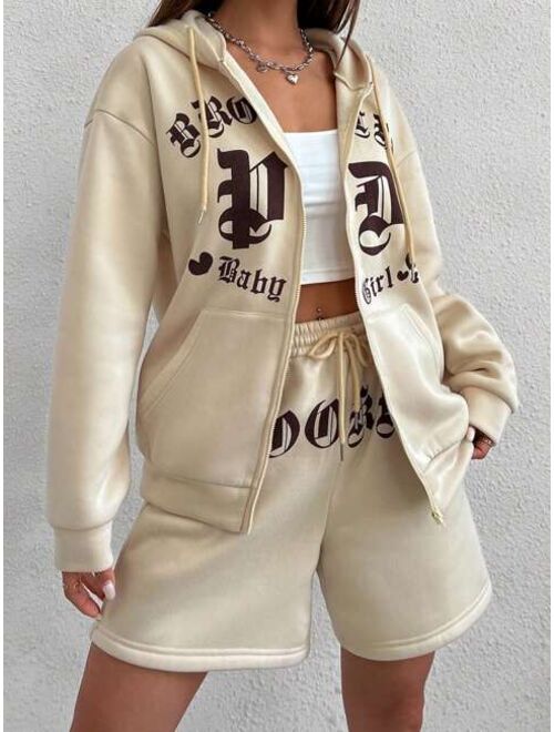 SHEIN Coolane Letter Graphic Zip Up Drop Shoulder Drawstring Thermal Lined Hoodie & Shorts