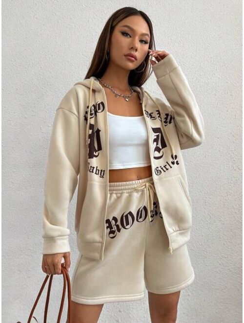 SHEIN Coolane Letter Graphic Zip Up Drop Shoulder Drawstring Thermal Lined Hoodie & Shorts