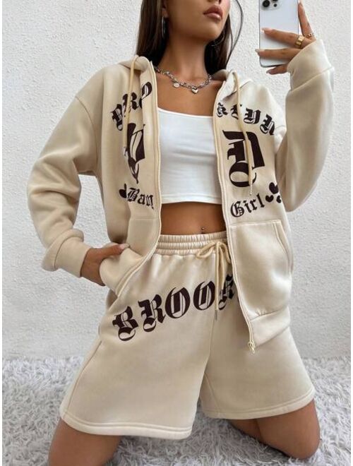 SHEIN Coolane Letter Graphic Zip Up Drop Shoulder Drawstring Thermal Lined Hoodie & Shorts