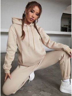 Solid Drawstring Detail Thermal Lined Sweatshirt & Sweatpants