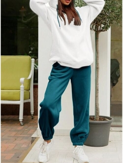 Solid Drawstring Detail Thermal Lined Sweatshirt & Sweatpants