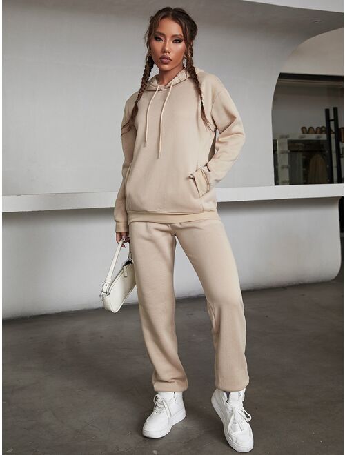 Solid Drawstring Detail Thermal Lined Sweatshirt & Sweatpants