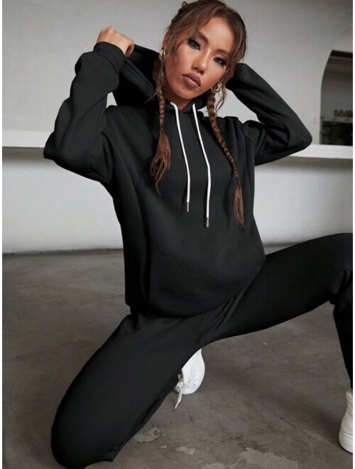 Solid Drawstring Detail Thermal Lined Sweatshirt & Sweatpants