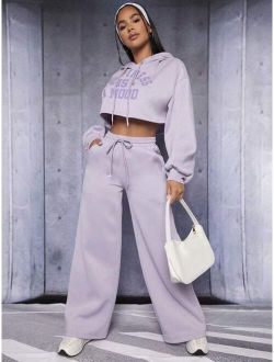 SHEIN PETITE Letter Graphic Drop Shoulder Drawstring Crop Hoodie & Wide Leg Pants