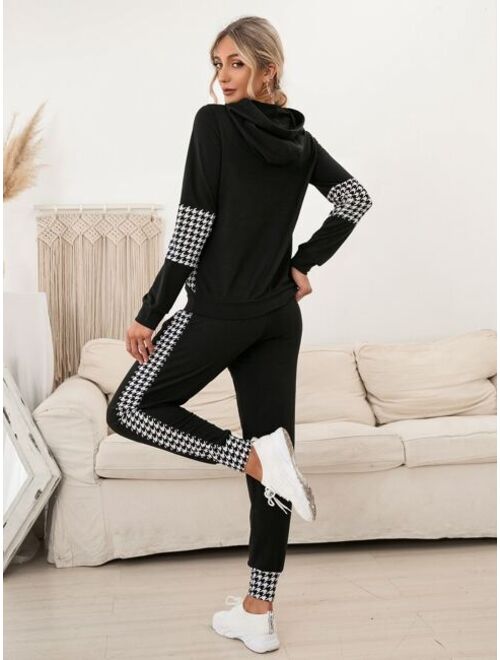 SHEIN LUNE Houndstooth Drawstring Hoodie & Sweatpants