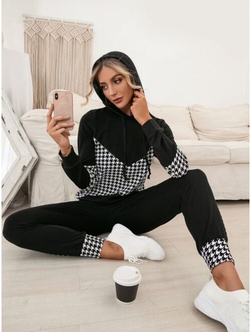 SHEIN LUNE Houndstooth Drawstring Hoodie & Sweatpants