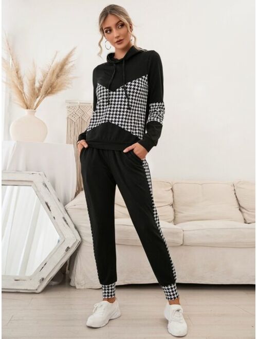 SHEIN LUNE Houndstooth Drawstring Hoodie & Sweatpants