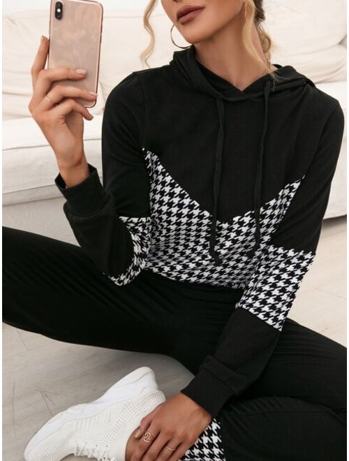 SHEIN LUNE Houndstooth Drawstring Hoodie & Sweatpants