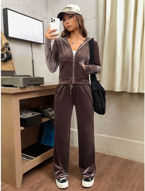 SHEIN EZwear Zip Up Kangaroo Pocket Hoodie & Sweatpants