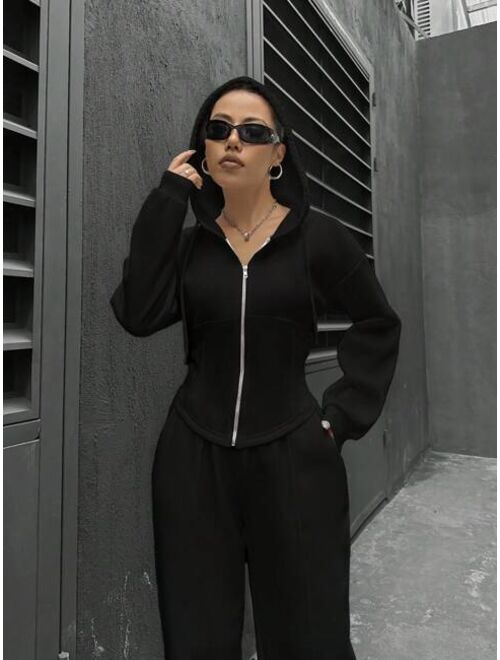 Women's Zip-Up Hooded Top And Pants Set