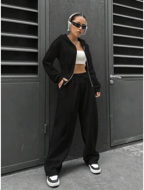 Women's Zip-Up Hooded Top And Pants Set