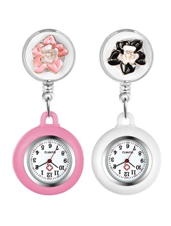 Lancardo Retractable Nurse Watch Clip On Pearl Flower Patterns Badge with Secondhand Stethoscope Lapel Fob Pocket Watch Doctor Nurse Watch for Women and Men Nurse Day