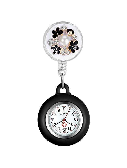 Lancardo Retractable Nurse Watch Clip On Pearl Flower Patterns Badge with Secondhand Stethoscope Lapel Fob Pocket Watch Doctor Nurse Watch for Women and Men Nurse Day