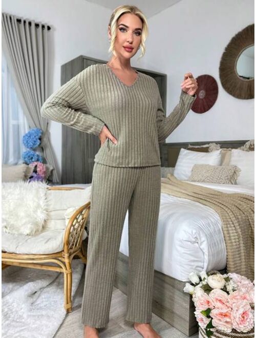 SHEIN Underwear & Sleepwear Drop Shoulder Ribbed Knit Lounge Set