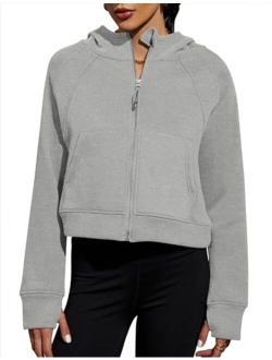 Micoson Womens Fleece Lined Cropped Hoodies Half Zip Pullover Long Sleeve Workout Sweatshirt with Pockets Thumb Hole