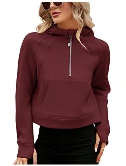 Micoson Womens Fleece Lined Cropped Hoodies Half Zip Pullover Long Sleeve Workout Sweatshirt with Pockets Thumb Hole